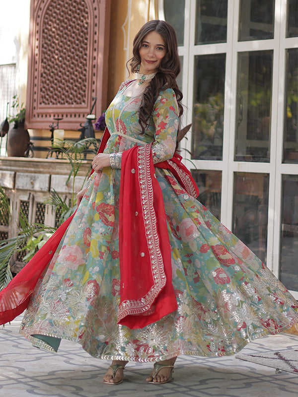 Sky Printed Russian Silk With Embroidery Gown With Dupatta