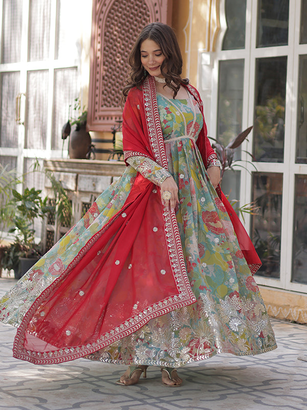 Sky Printed Russian Silk With Embroidery Gown With Dupatta