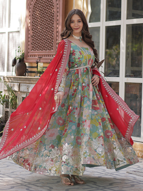 Sky Printed Russian Silk With Embroidery Gown With Dupatta