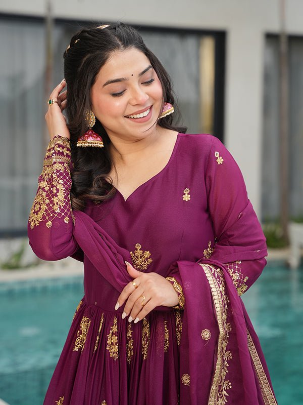 Wine Georgette Embroidered Kurta With Dupatta