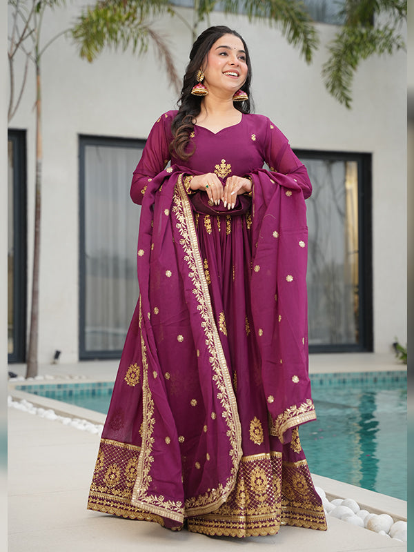 Wine Georgette Embroidered Kurta With Dupatta