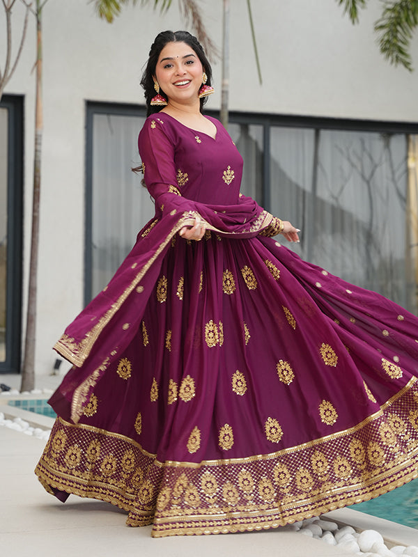 Wine Georgette Embroidered Kurta With Dupatta