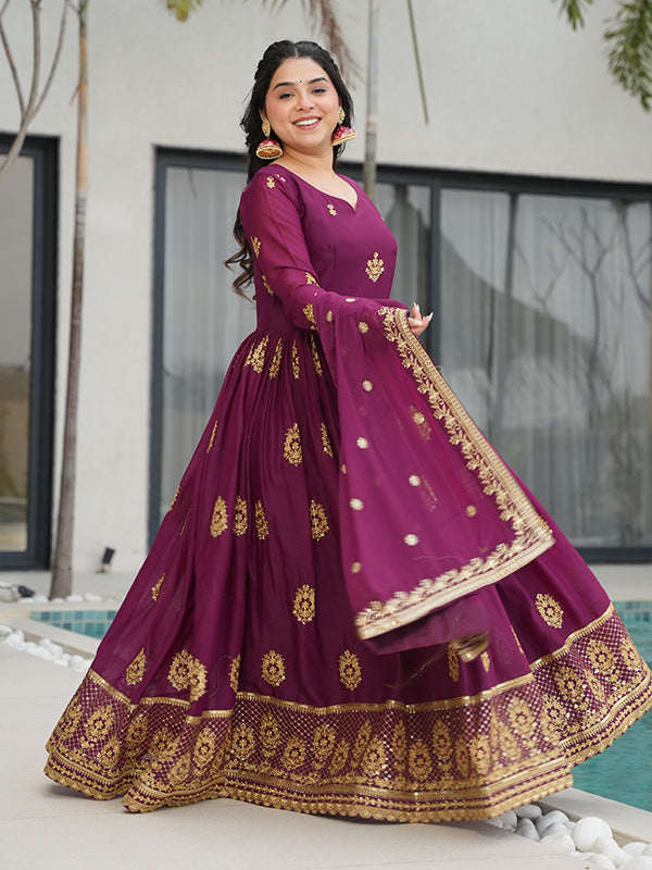 Wine Georgette Embroidered Kurta With Dupatta