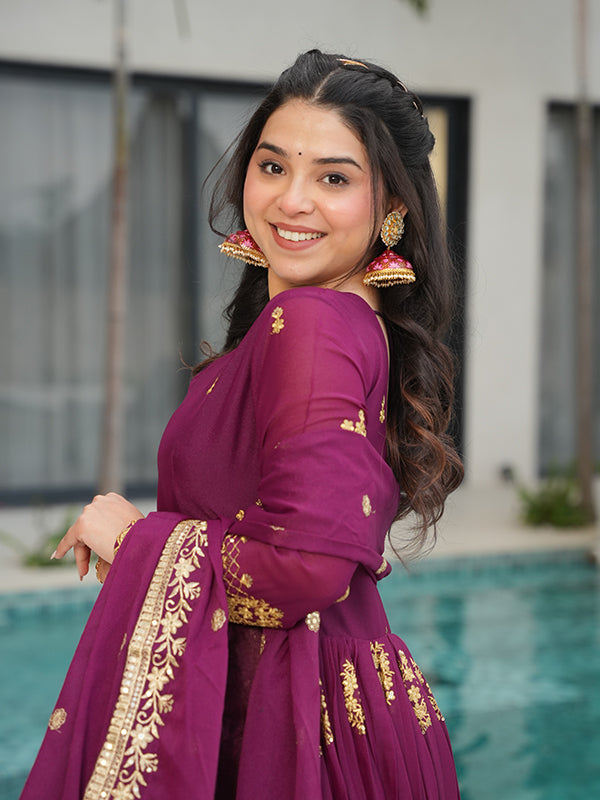 Wine Georgette Embroidered Kurta With Dupatta