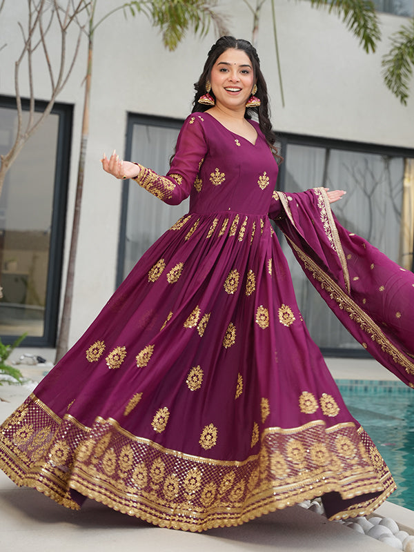 Wine Georgette Embroidered Kurta With Dupatta