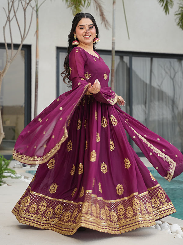 Wine Georgette Embroidered Kurta With Dupatta