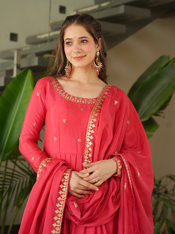 Peach Chinon Sequins Embroidered Kurta With Dupatta