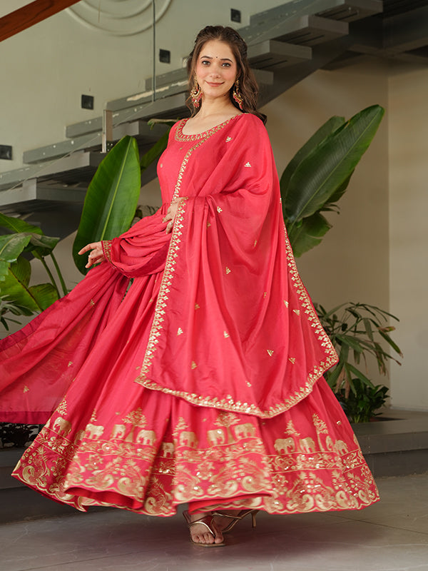 Peach Chinon Sequins Embroidered Kurta With Dupatta