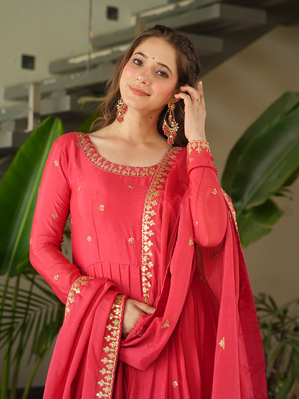 Peach Chinon Sequins Embroidered Kurta With Dupatta