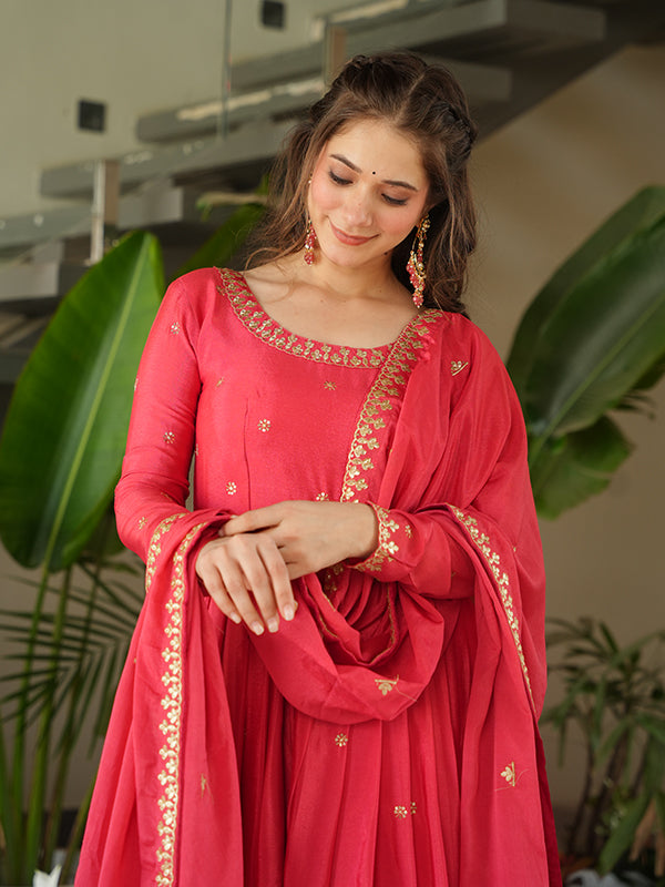 Peach Chinon Sequins Embroidered Kurta With Dupatta