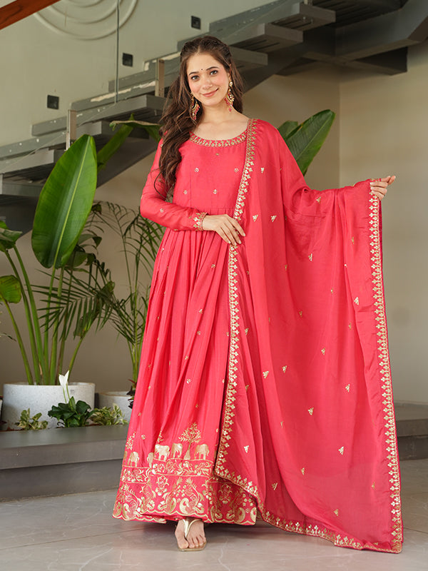 Peach Chinon Sequins Embroidered Kurta With Dupatta