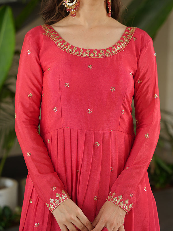 Peach Chinon Sequins Embroidered Kurta With Dupatta