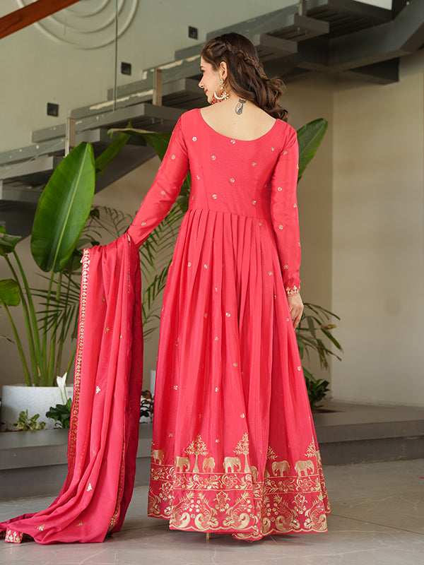 Peach Chinon Sequins Embroidered Kurta With Dupatta