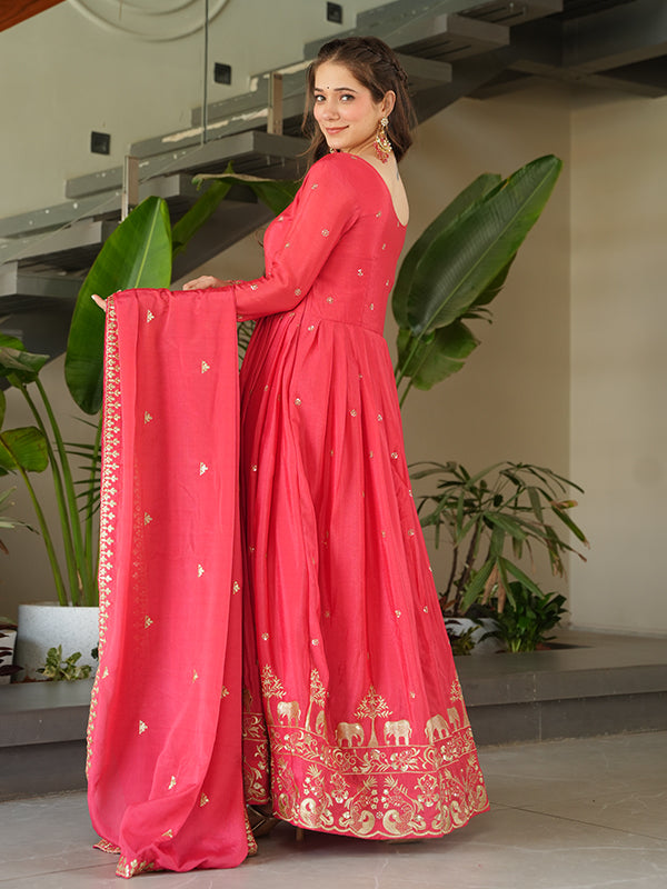 Peach Chinon Sequins Embroidered Kurta With Dupatta