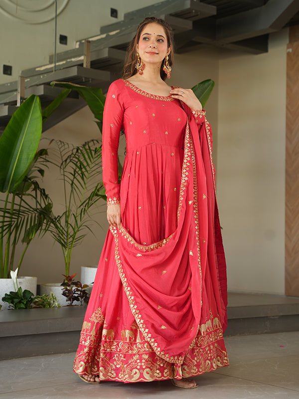 Peach Chinon Sequins Embroidered Kurta With Dupatta