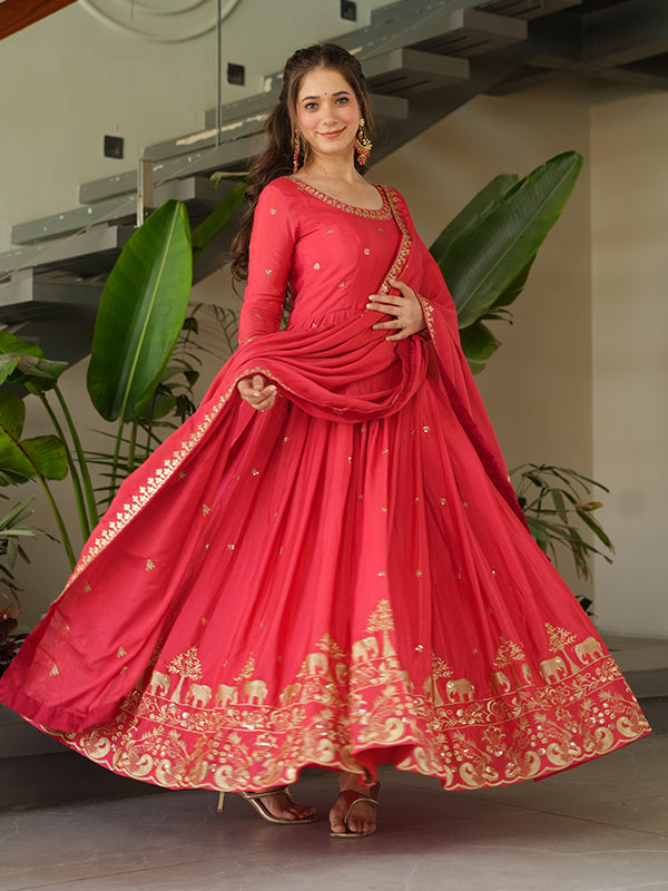Peach Chinon Sequins Embroidered Kurta With Dupatta