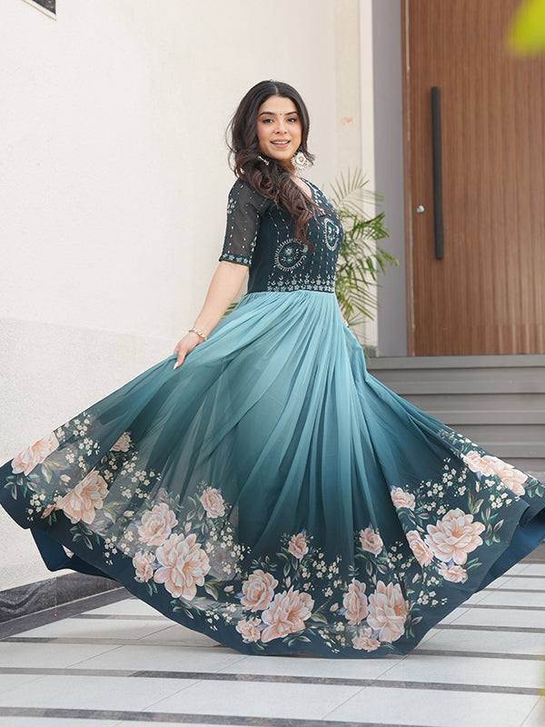Rama Faux Blooming With Beads Embroidered Work Gown