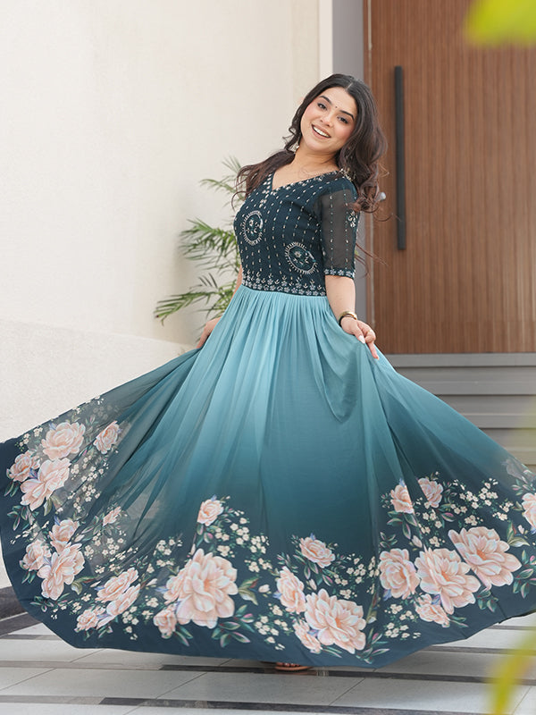 Rama Faux Blooming With Beads Embroidered Work Gown