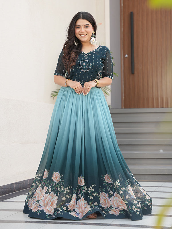 Rama Faux Blooming With Beads Embroidered Work Gown