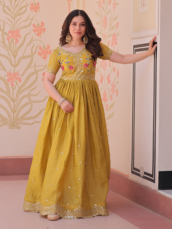 Yellow Faux Blooming With Multithreaded Sequins Gown