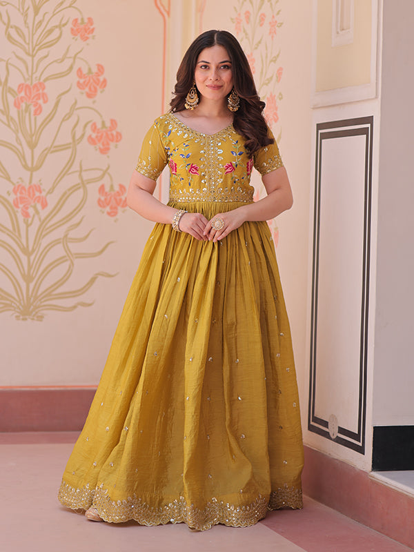 Yellow Faux Blooming With Multithreaded Sequins Gown