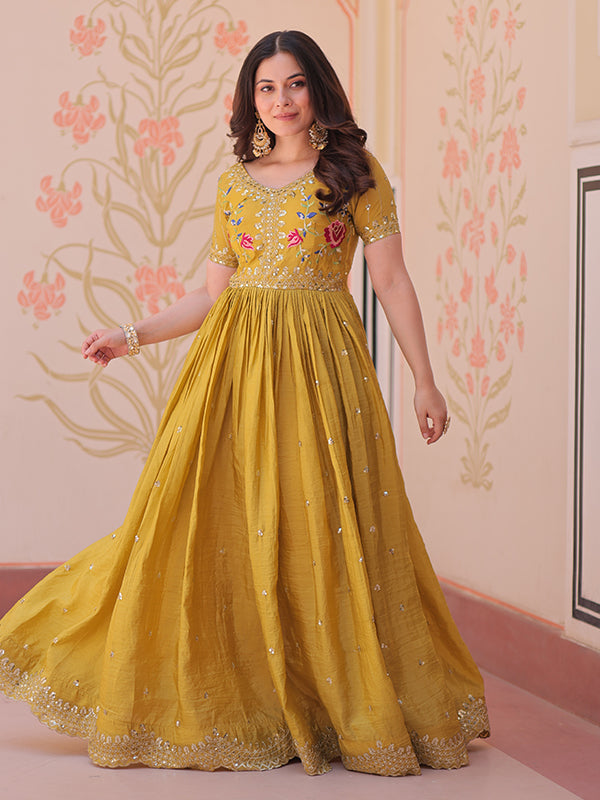 Yellow Faux Blooming With Multithreaded Sequins Gown