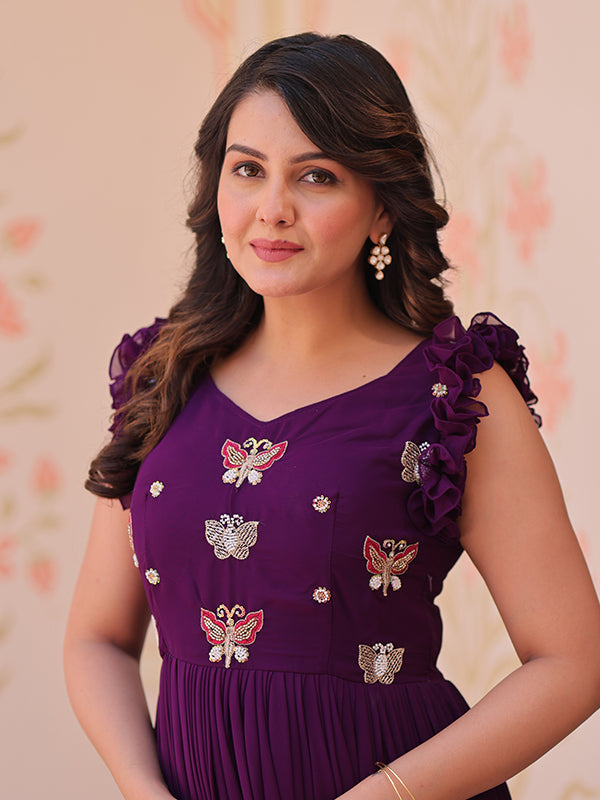 Purple Faux Blooming With Multithreaded Sequins Gown