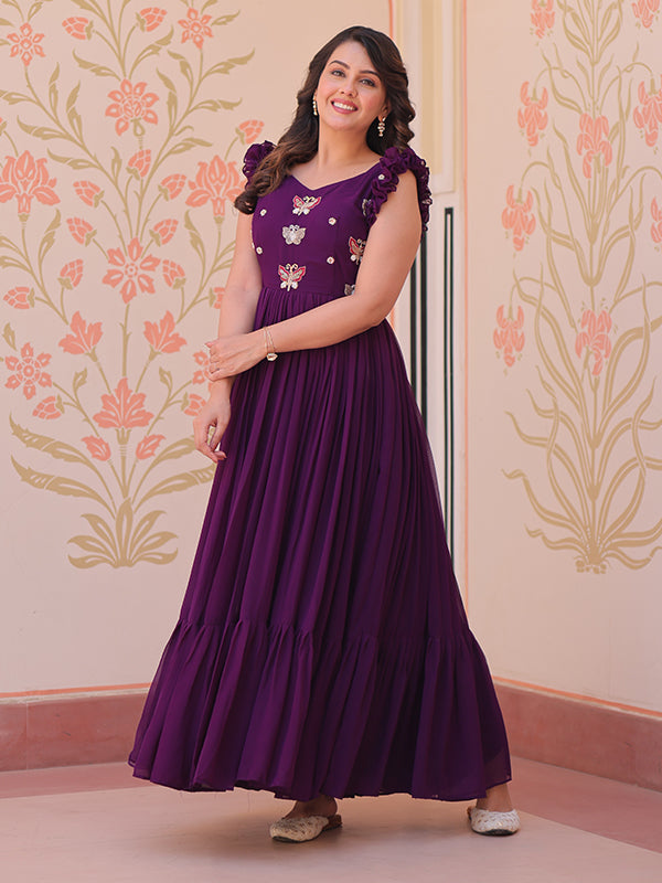 Purple Faux Blooming With Multithreaded Sequins Gown
