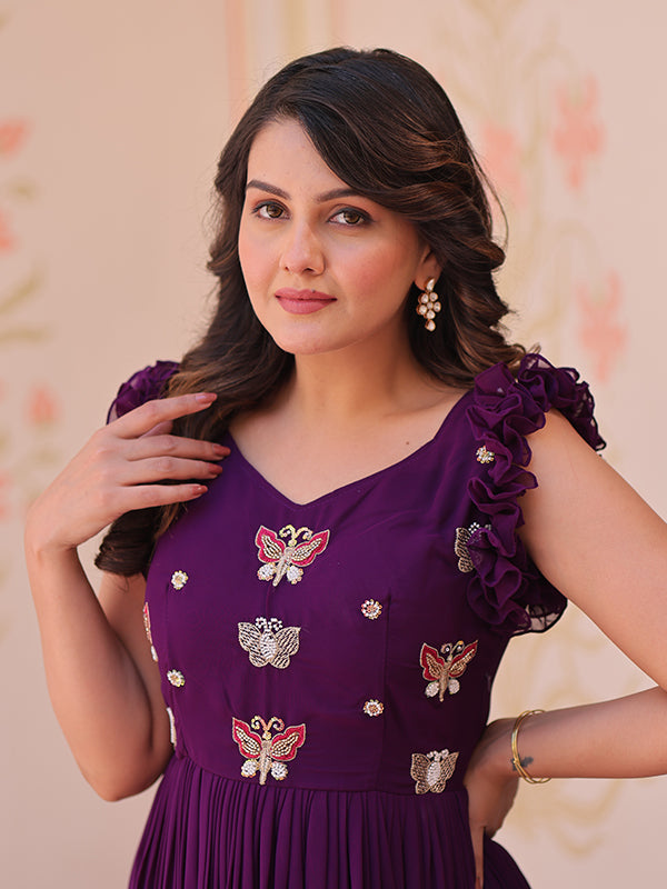 Purple Faux Blooming With Multithreaded Sequins Gown