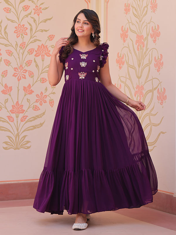 Purple Faux Blooming With Multithreaded Sequins Gown