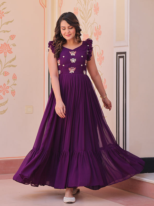 Purple Faux Blooming With Multithreaded Sequins Gown