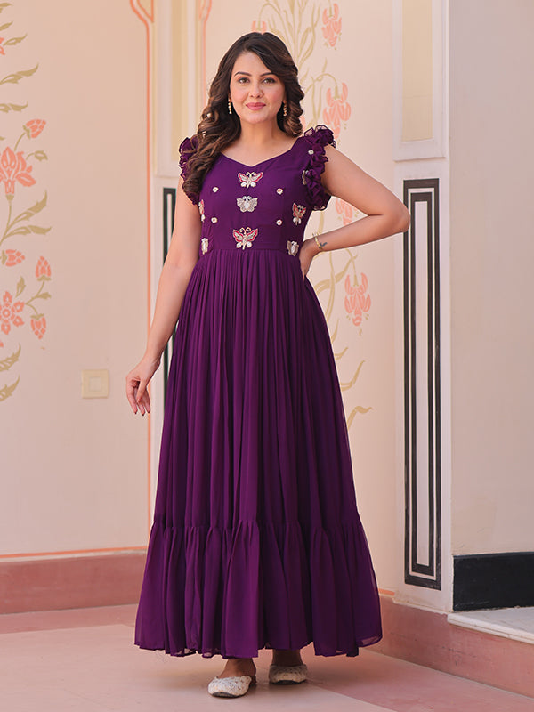 Purple Faux Blooming With Multithreaded Sequins Gown