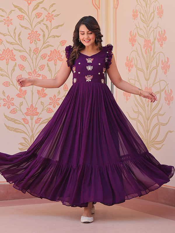 Purple Faux Blooming With Multithreaded Sequins Gown