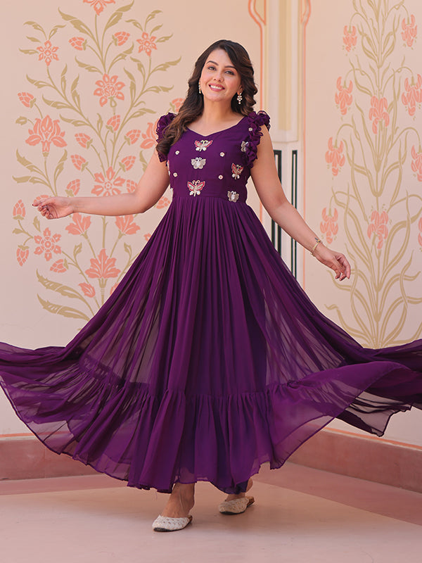 Purple Faux Blooming With Multithreaded Sequins Gown
