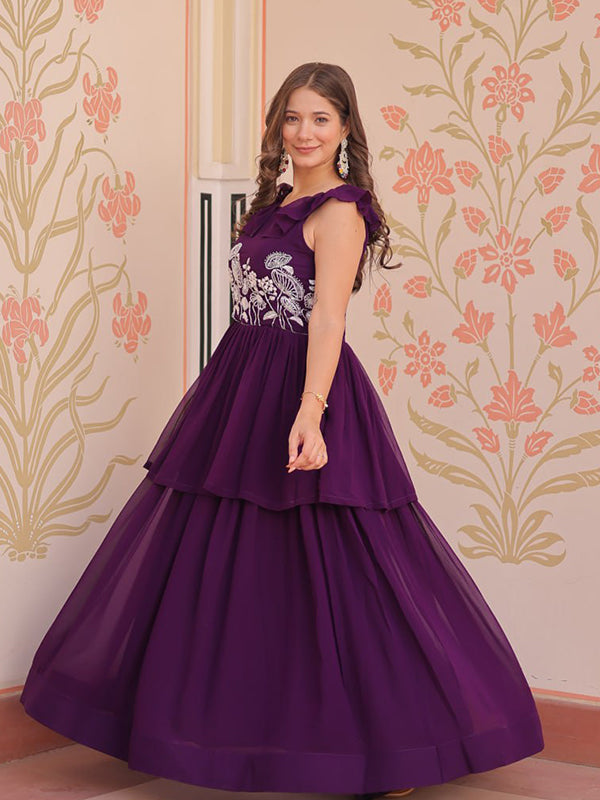 Purple Style Wine Faux Bloomimg Gown With Beads Embroidered Work