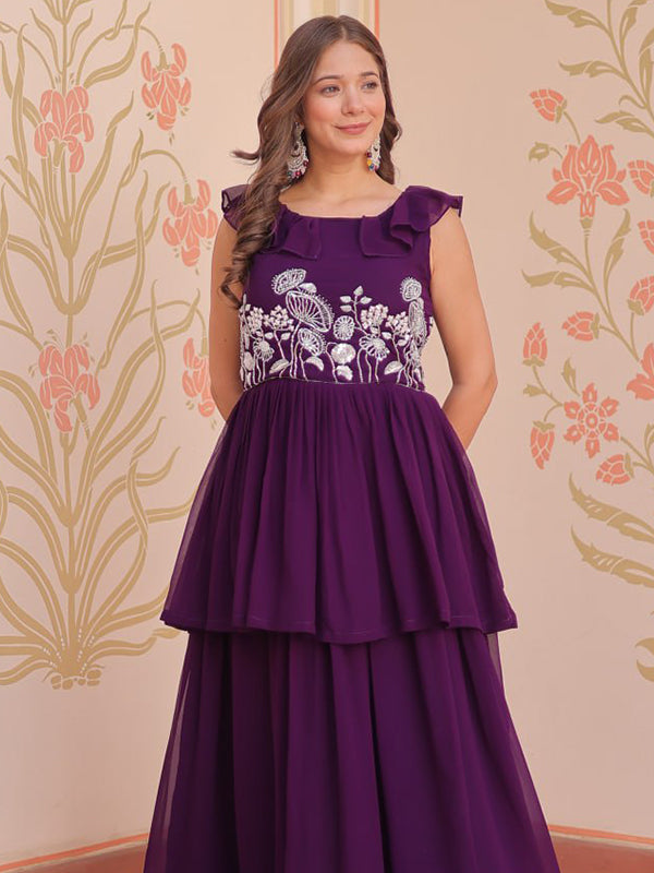 Purple Style Wine Faux Bloomimg Gown With Beads Embroidered Work