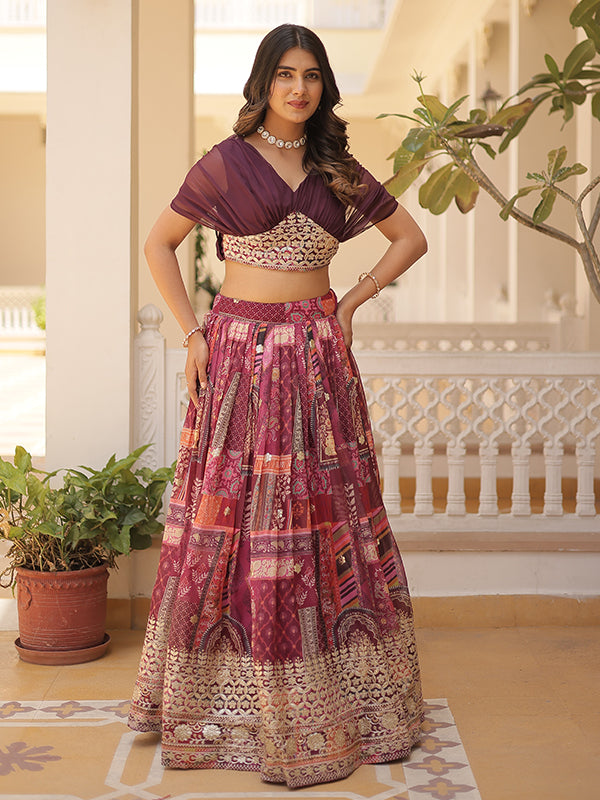 Wine Russian Silk Foil Embroidered Lehenga Choli