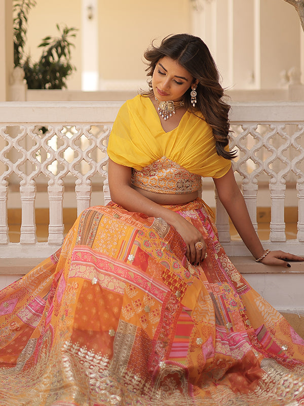 Yellow Russian Silk Foil Embroidered Lehenga Choli