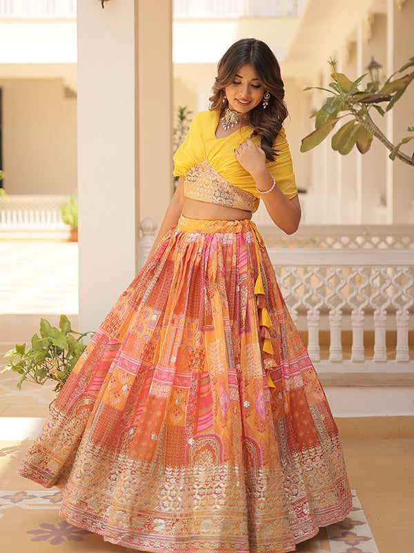 Yellow Russian Silk Foil Embroidered Lehenga Choli