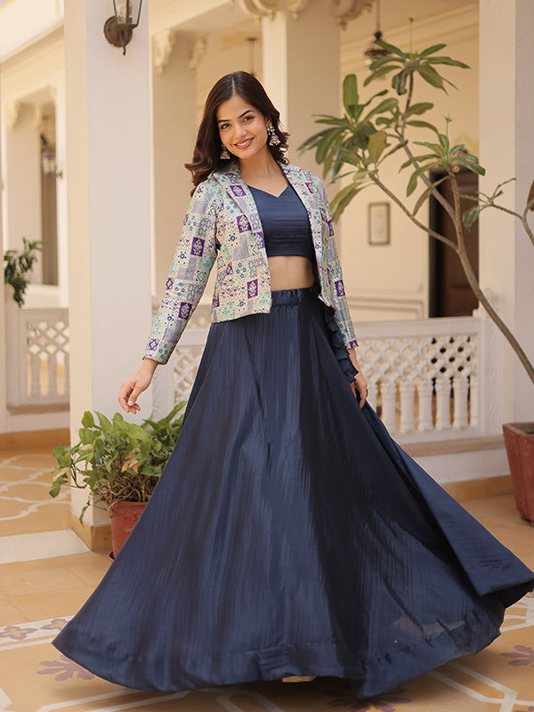 Rama Blue Chinon Lehenga Choli With Jquard Designer Koti