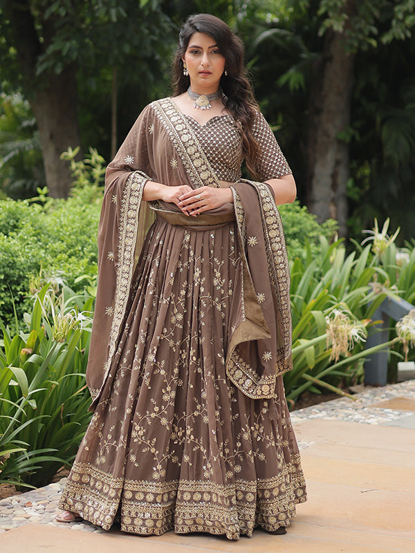 Brown Faux Blooming With Embroidered Sequins Lehenga Choli