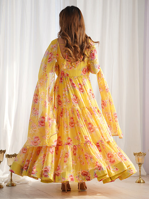 Yellow Layered Flower Printed Anarkali Gown With Pant & Dupatta Set