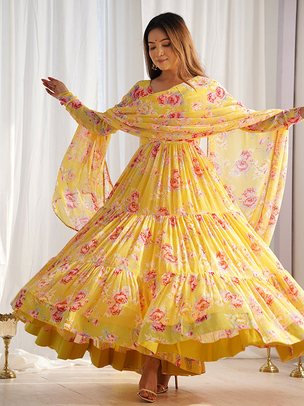 Yellow Layered Flower Printed Anarkali Gown With Pant & Dupatta Set