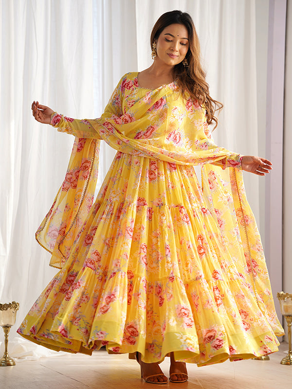 Yellow Layered Flower Printed Anarkali Gown With Pant & Dupatta Set