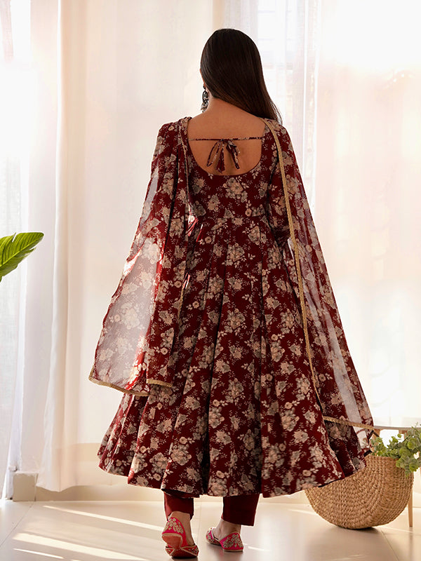 Maroon Printed Anarkali Gown With Pant & Dupatta Set