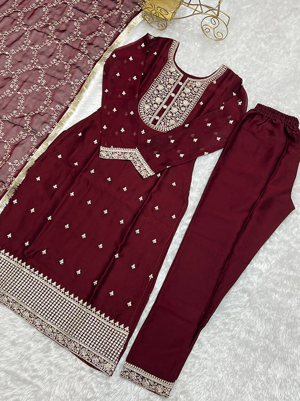 Maroon Silk Embroidered Straight Kurti With Pant & Dupatta Set