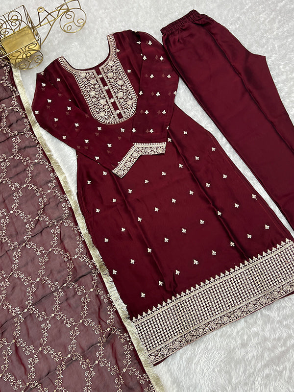 Maroon Silk Embroidered Straight Kurti With Pant & Dupatta Set