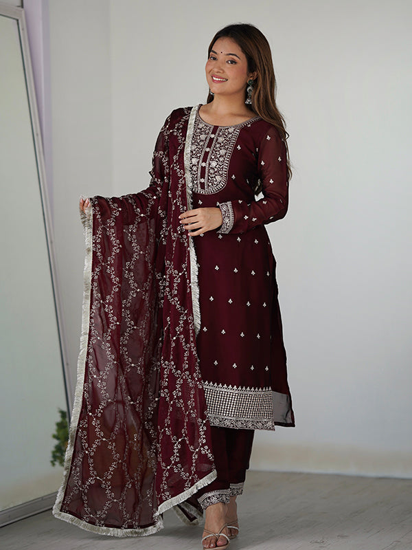 Maroon Silk Embroidered Straight Kurti With Pant & Dupatta Set