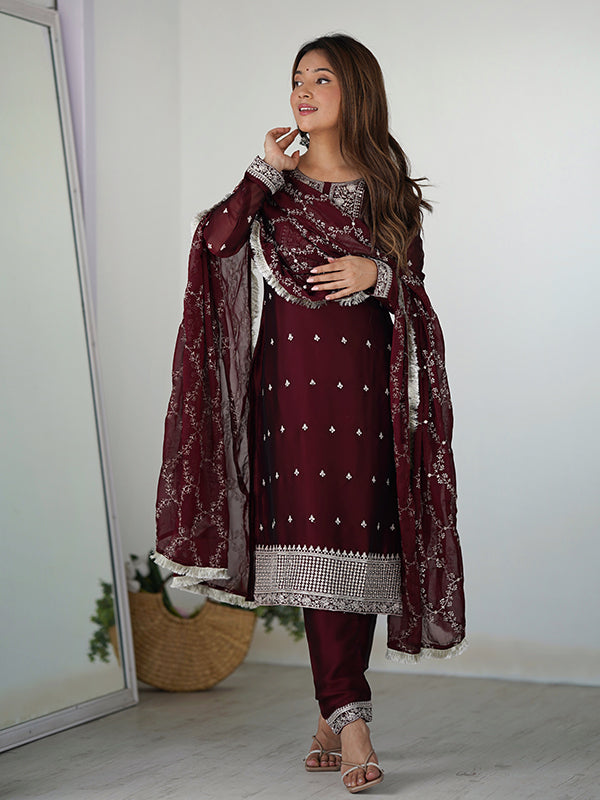 Maroon Silk Embroidered Straight Kurti With Pant & Dupatta Set