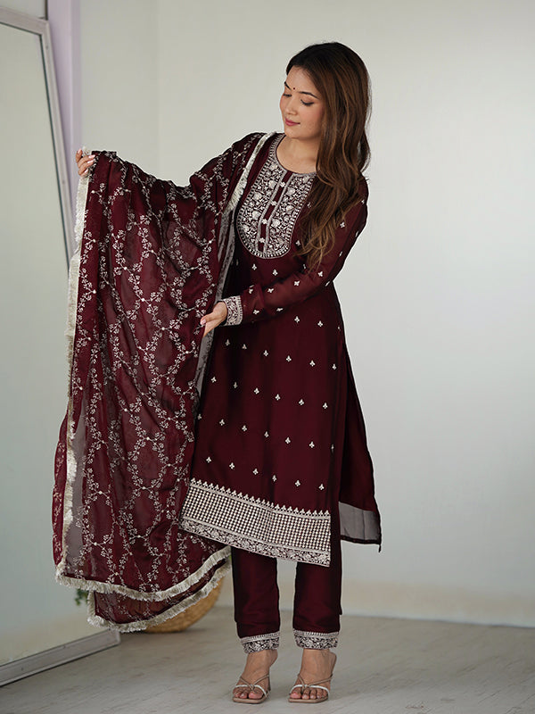 Maroon Silk Embroidered Straight Kurti With Pant & Dupatta Set